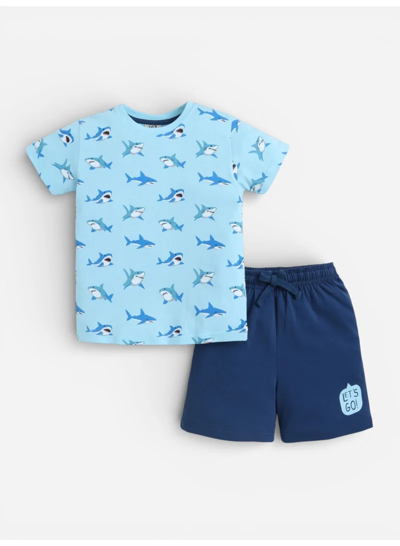 victor and jane Boys Shark Print Cotton Pajama Set – T-Shirt & Shorts Nightwear